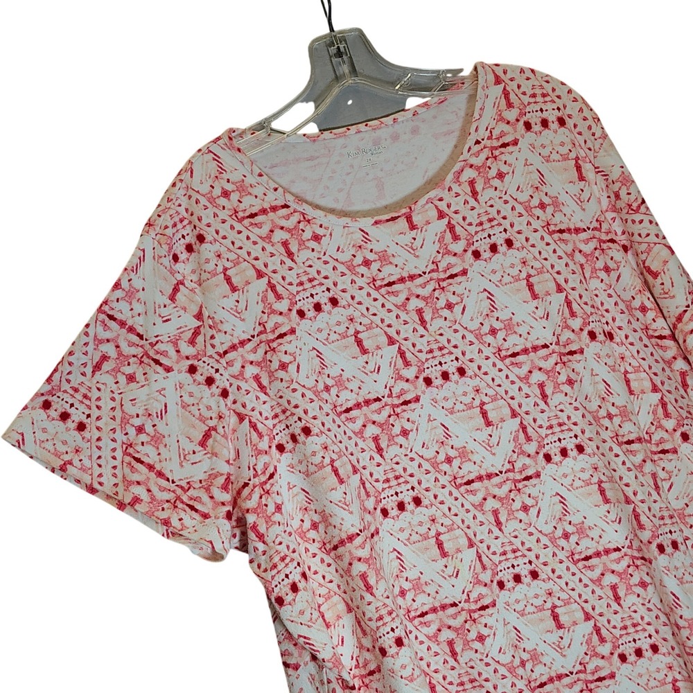 Kim Rogers‎ Woman Plus Size 2X Red White Geometric Tribal Cotton T-Shirt Tee